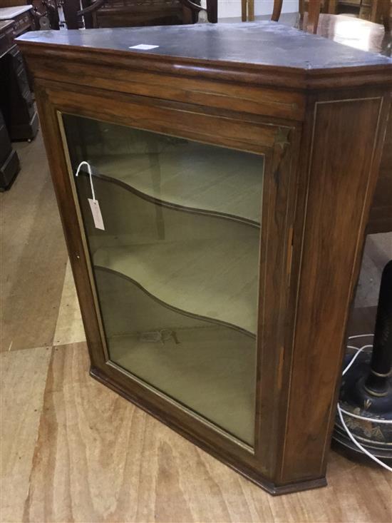 Regency rosewood and brass inlaid hanging corner display cabinet